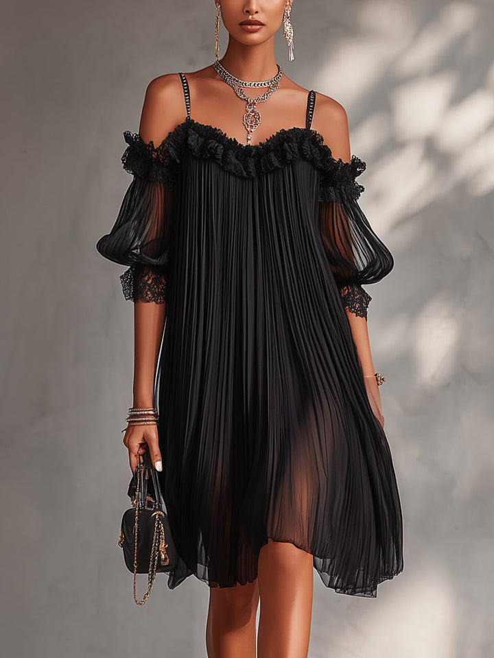 Merel | Zwarte Off-Shoulder Jurk met Kanten Details