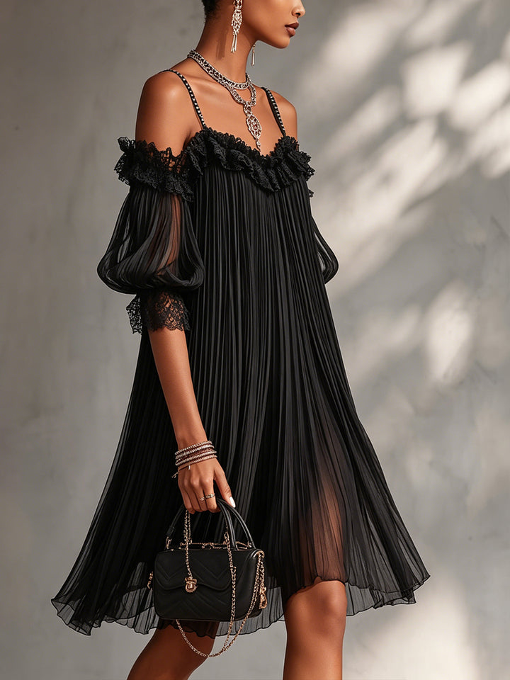 Merel | Zwarte Off-Shoulder Jurk met Kanten Details