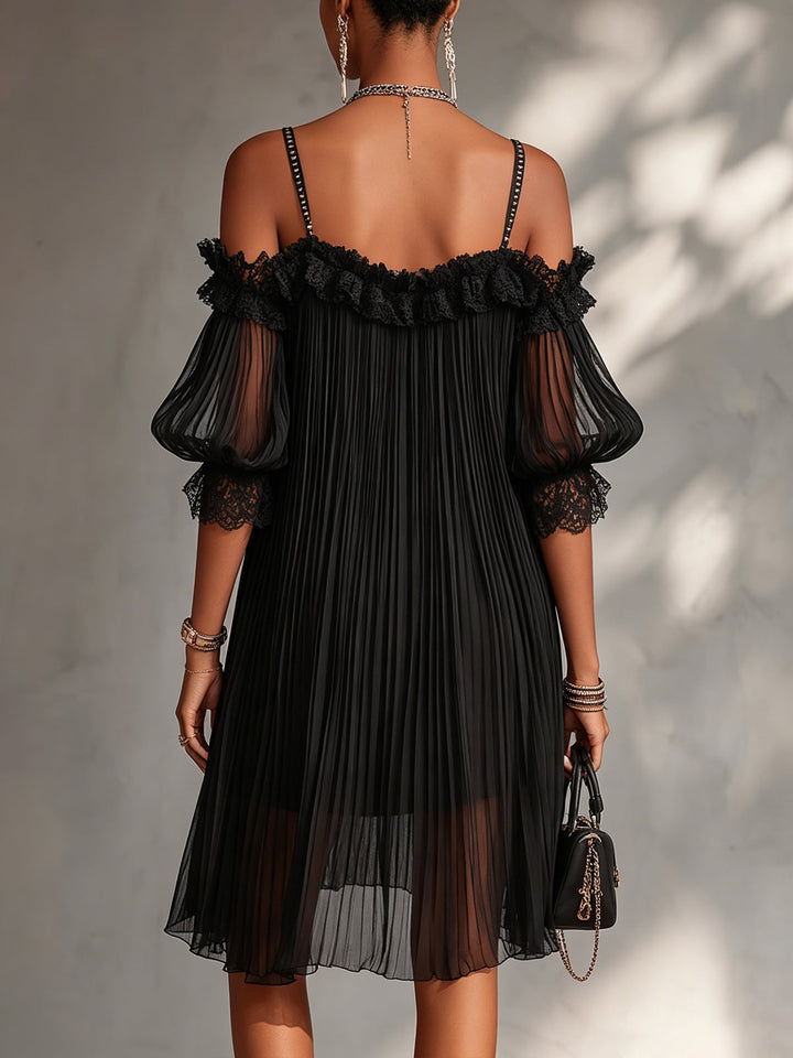 Merel | Zwarte Off-Shoulder Jurk met Kanten Details