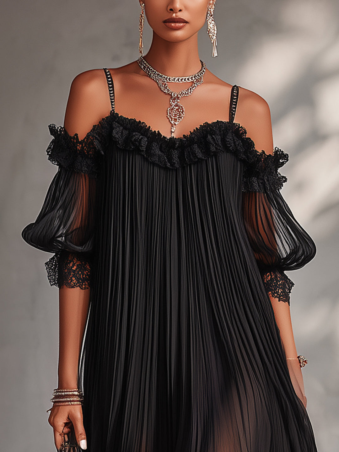 Merel | Zwarte Off-Shoulder Jurk met Kanten Details